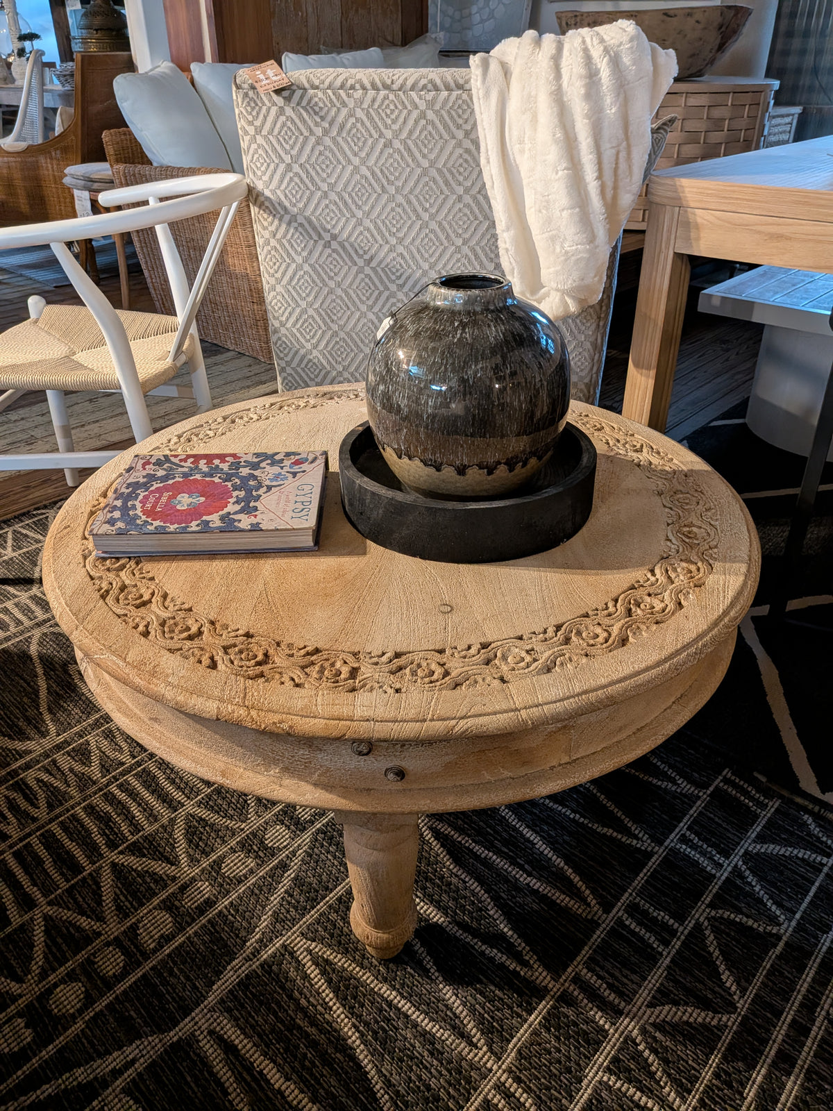 Rustic Whitewashed Charpai Wooden Round Coffee Table