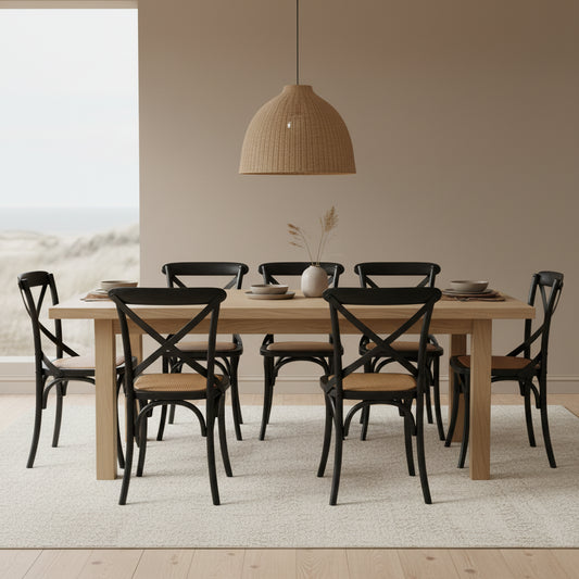 Cross Back Dining Chair - Black - Rattan Seat