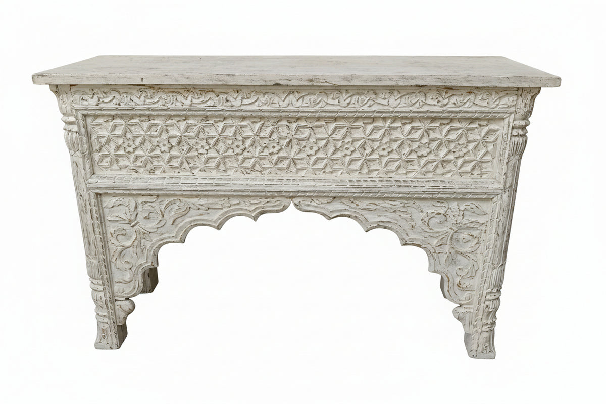 Carved Balinese Hall Table in Rustic White