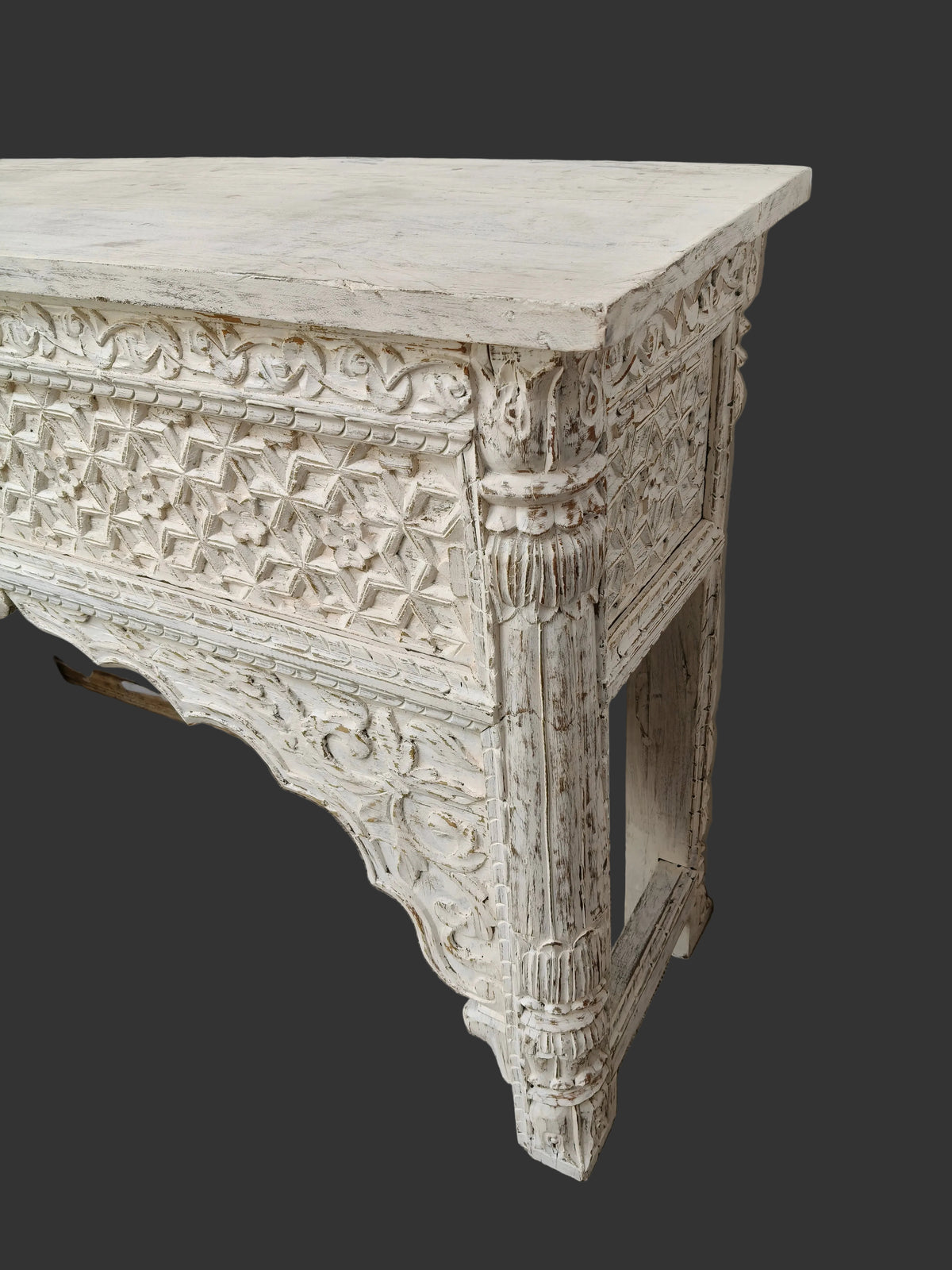 Carved Balinese Hall Table in Rustic White