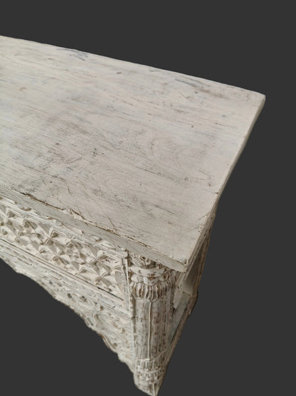 Carved Balinese Hall Table in Rustic White