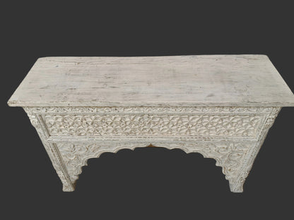 Carved Balinese Hall Table in Rustic White