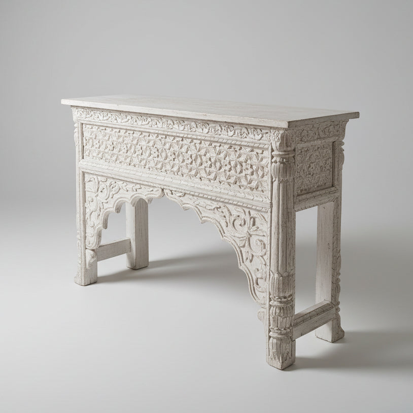 Carved Balinese Hall Table in Rustic White