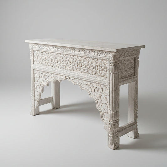 Carved Balinese Hall Table in Rustic White