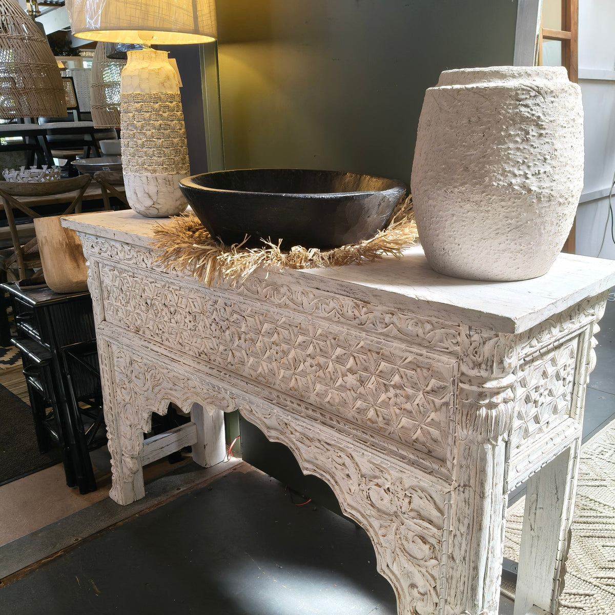 Carved Balinese Hall Table in Rustic White