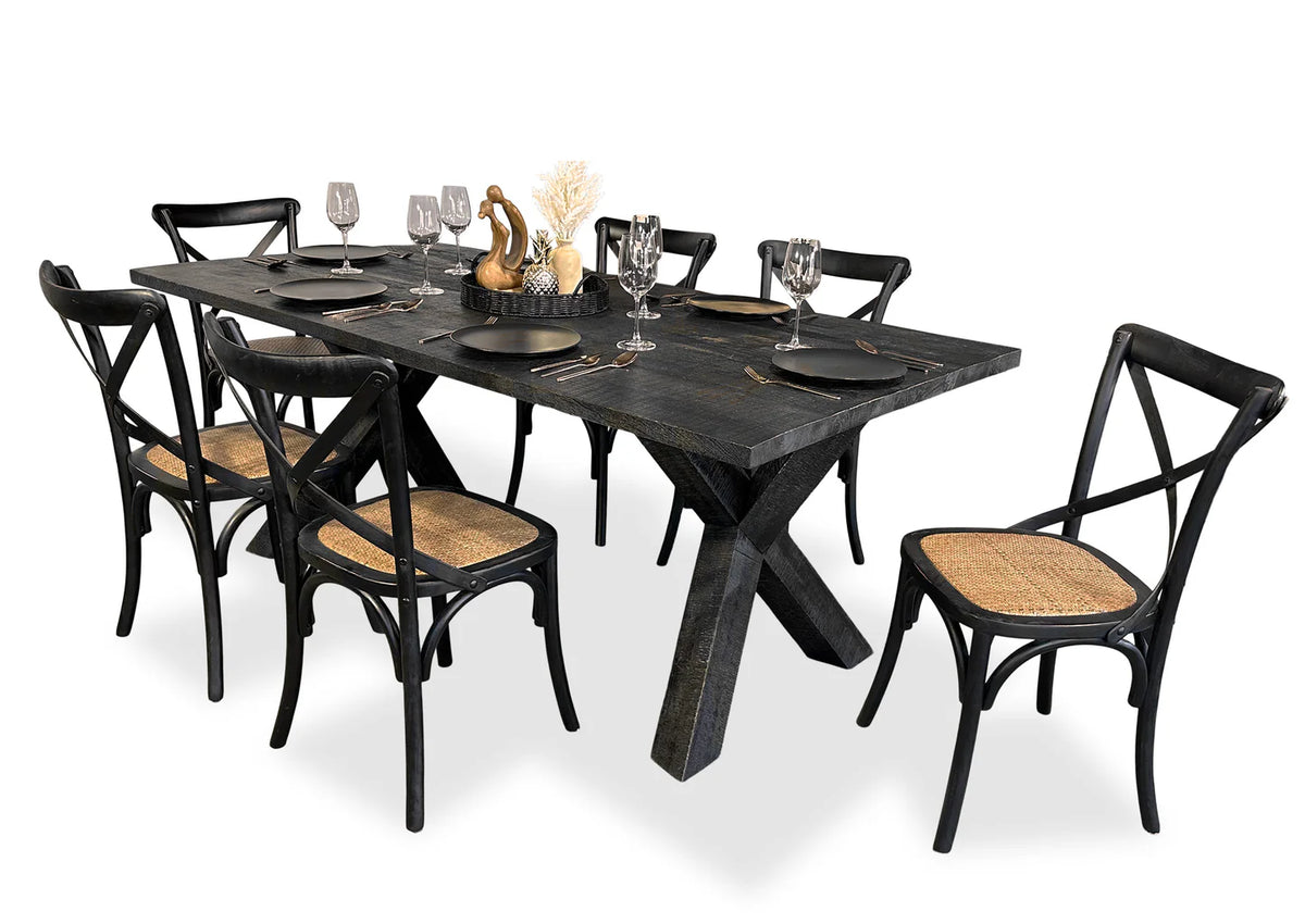 Cross Back Dining Chair - Black - Rattan Seat
