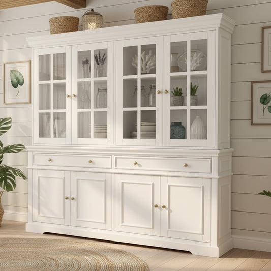 Westport White 4dr Glass Buffet + Hutch