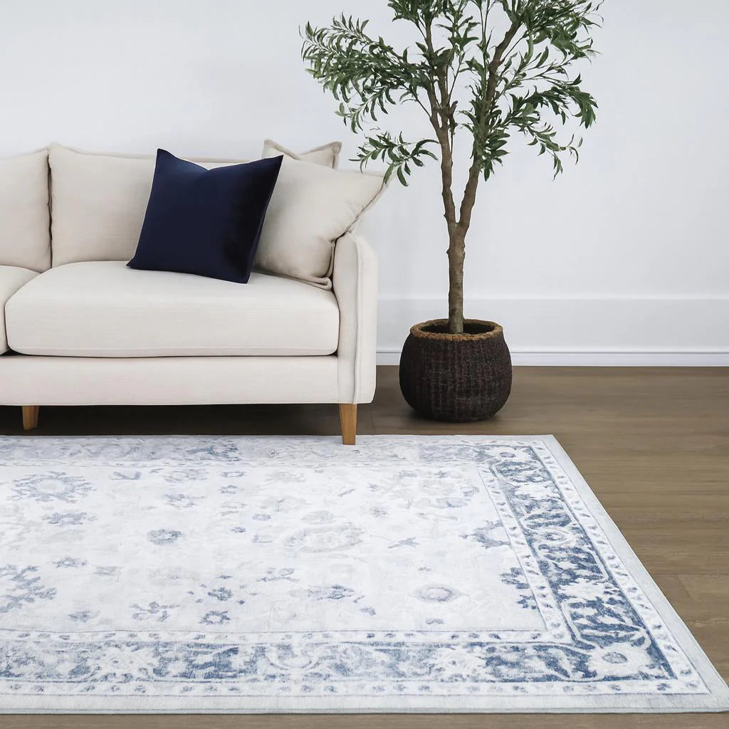 Lupin Navy and White Traditional Distressed Rug