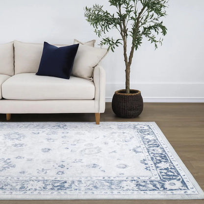 Lupin Navy and White Traditional Distressed Rug