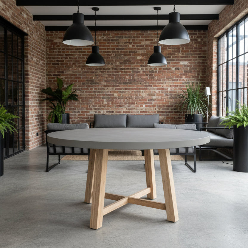 Casi Concrete 1500 round Dining Table with Acacia Base
