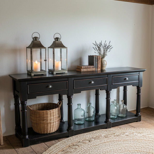 Newbridge 3drw Black Sideboard with open shelf