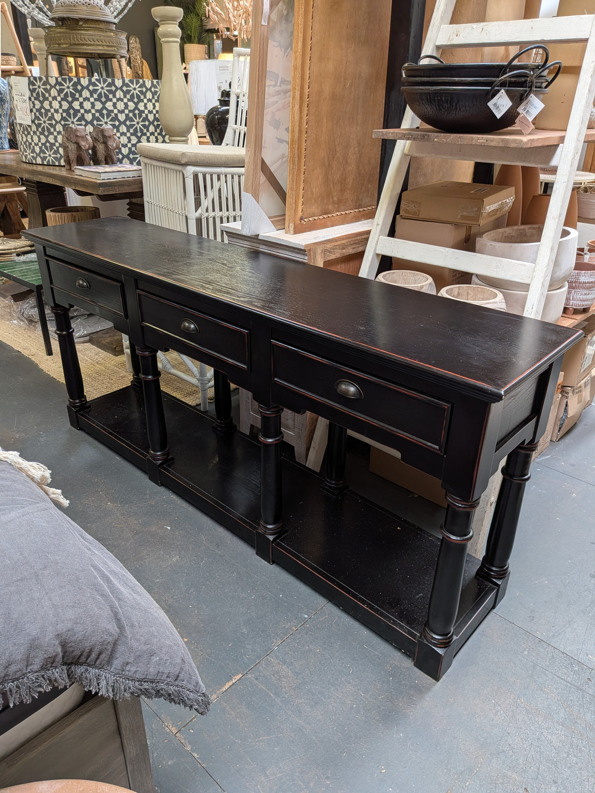 Newbridge 3drw Black Sideboard with open shelf