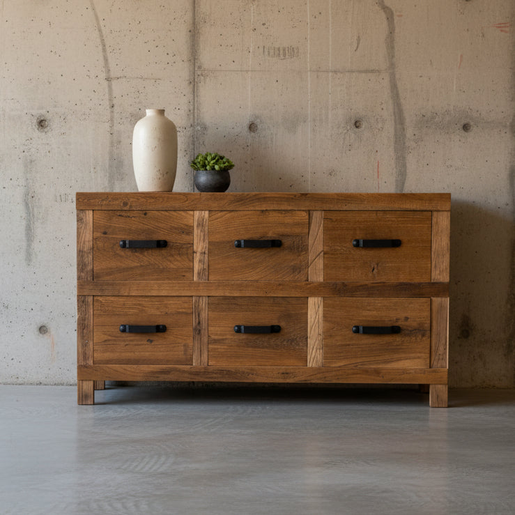 Rustic Oak 6 Drawer Sideboard 1490w x 860h x 510d