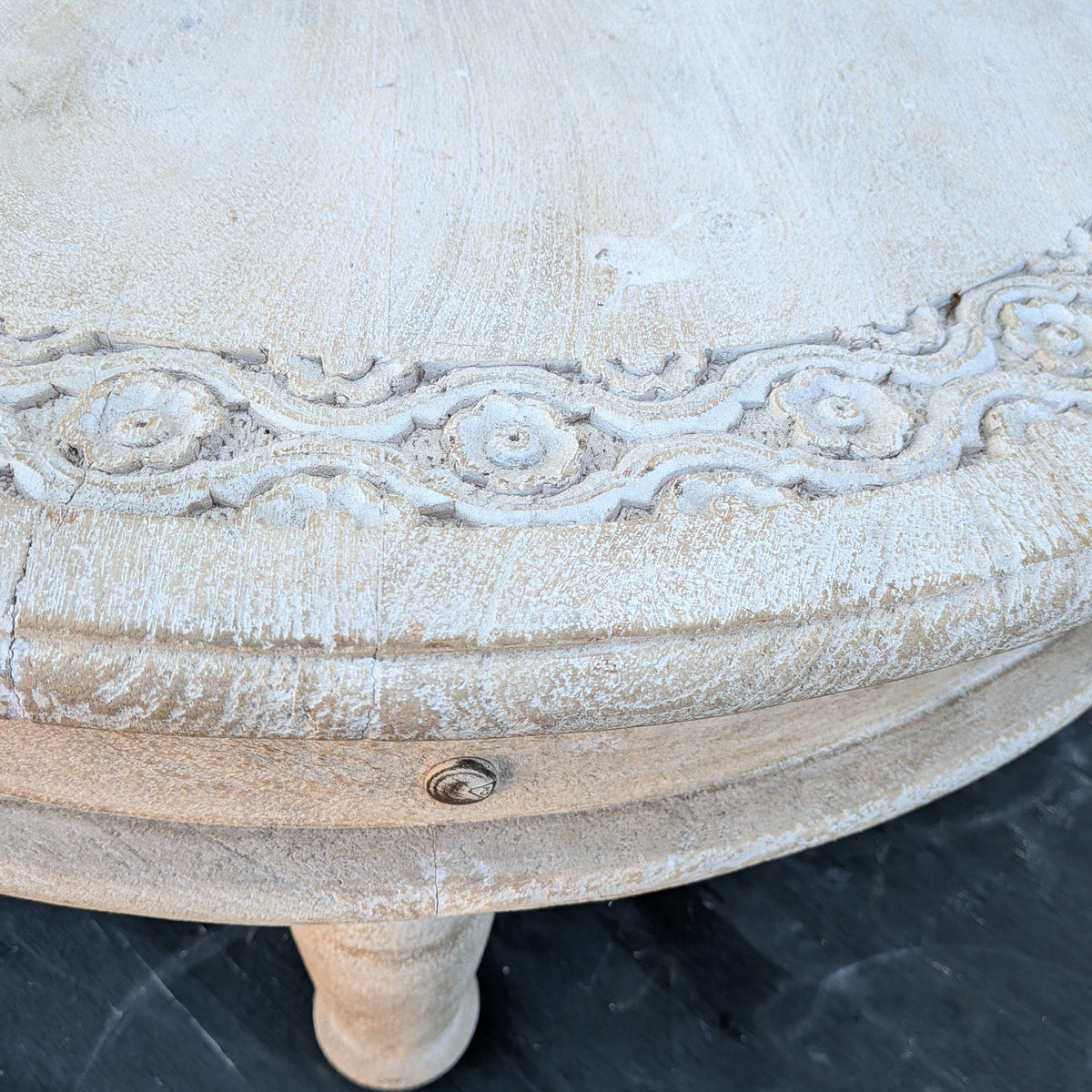 Rustic Whitewashed Charpai Wooden Round Coffee Table