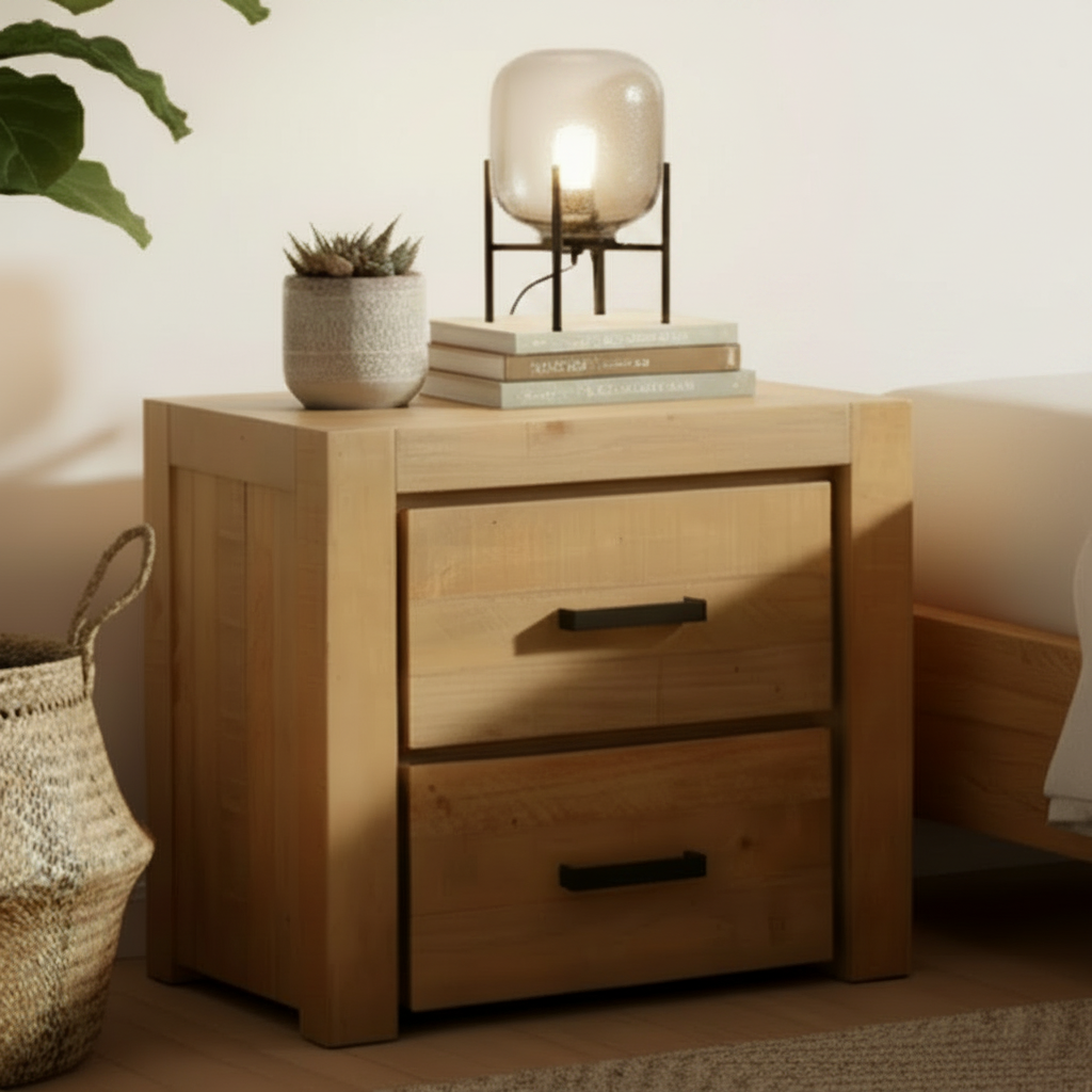 Ballina 2 drw Solid Timber Bedside Table with Rough Sawn Finish