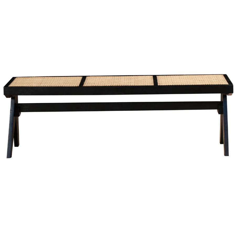 Black 2 Seater Mango Wood Rattan Bench