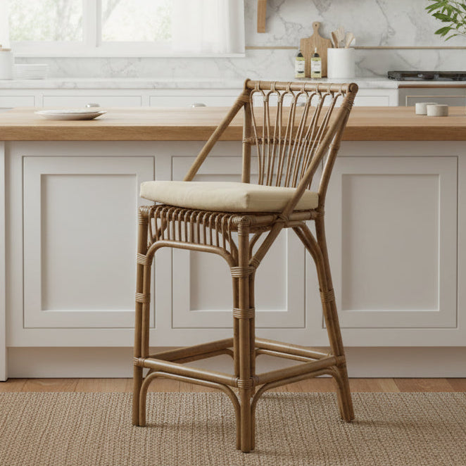 Cayman Rattan Hamptons Bar stool Natural W/Cream Cushions & Footrest