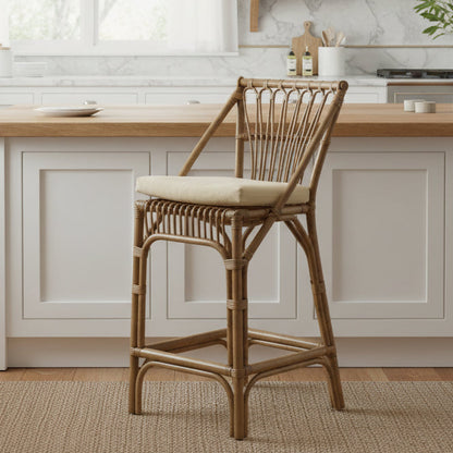 Cayman Rattan Hamptons Bar stool Natural W/Cream Cushions & Footrest