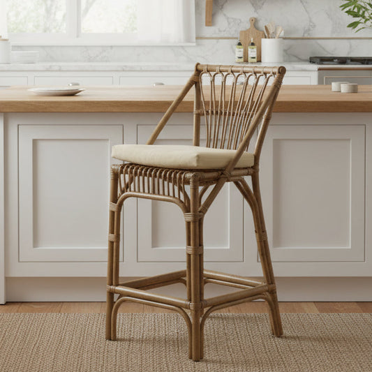 Cayman Rattan Hamptons Bar stool Natural W/Cream Cushions & Footrest
