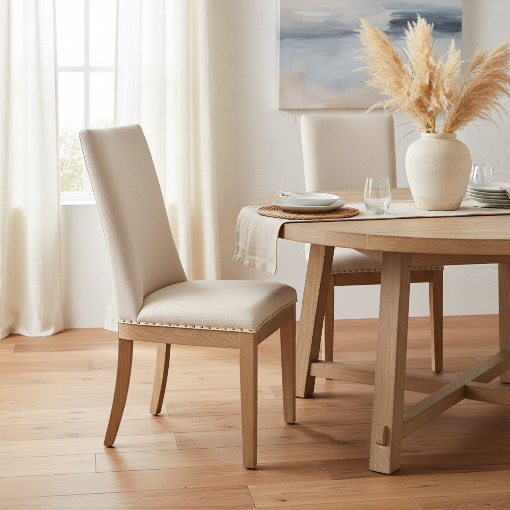 Oakwood Hamptons Linen Dining Chair Natural W/ Studs