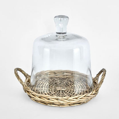 WILLOW Cane Plate with Glass Clouche Large