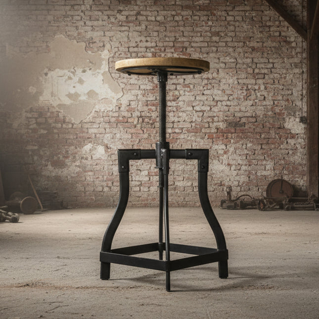 Foundry windup industrial stool W Mango Wood seat