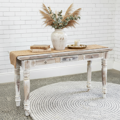 Hardwood hall table with single drawer and white-washed finish (75 x 150 x 44cm)