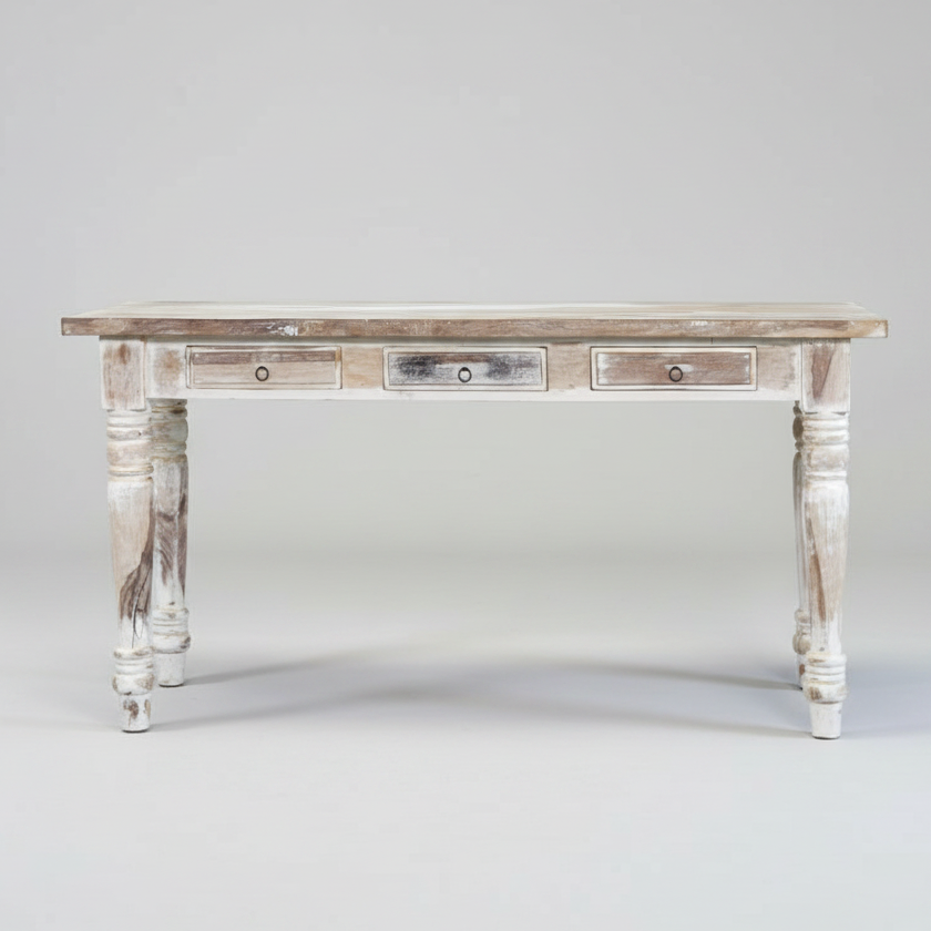 Hardwood hall table with single drawer and white-washed finish (75 x 150 x 44cm)