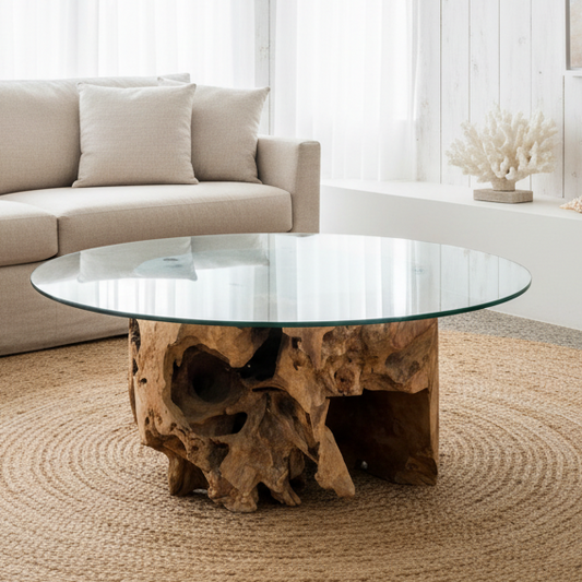 Organic form hardwood & glass top coffee table (36 x 80cm)