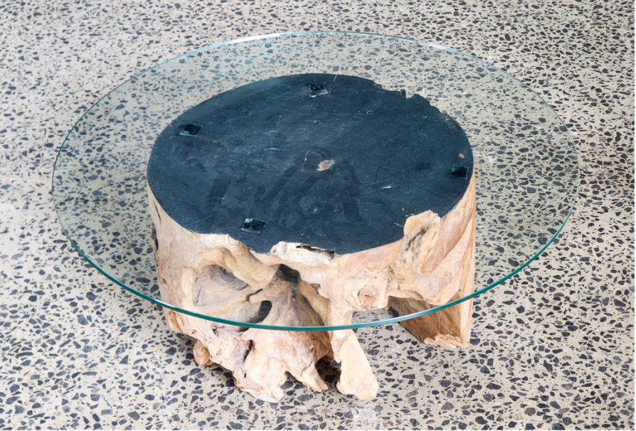 Organic form hardwood & glass top coffee table (36 x 80cm)