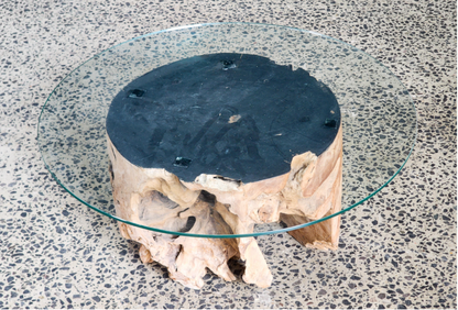 Organic form hardwood & glass top coffee table (36 x 80cm)