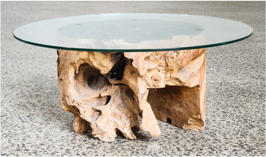 Organic form hardwood & glass top coffee table (36 x 80cm)