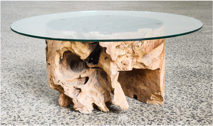 Organic form hardwood & glass top coffee table (36 x 80cm)