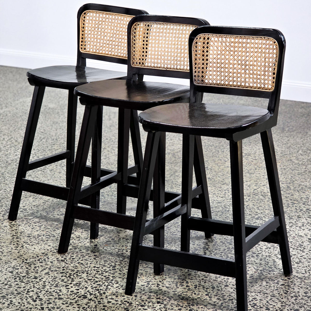 Black Timber and Rattan Modern Bar Stool