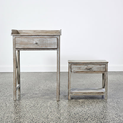 Rustic gretwash painted single drawer side table with nesting single drawer bedside (86 x 60 x 40cm)