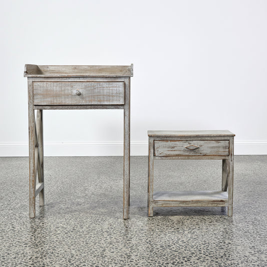 Rustic gretwash painted single drawer side table with nesting single drawer bedside (86 x 60 x 40cm)