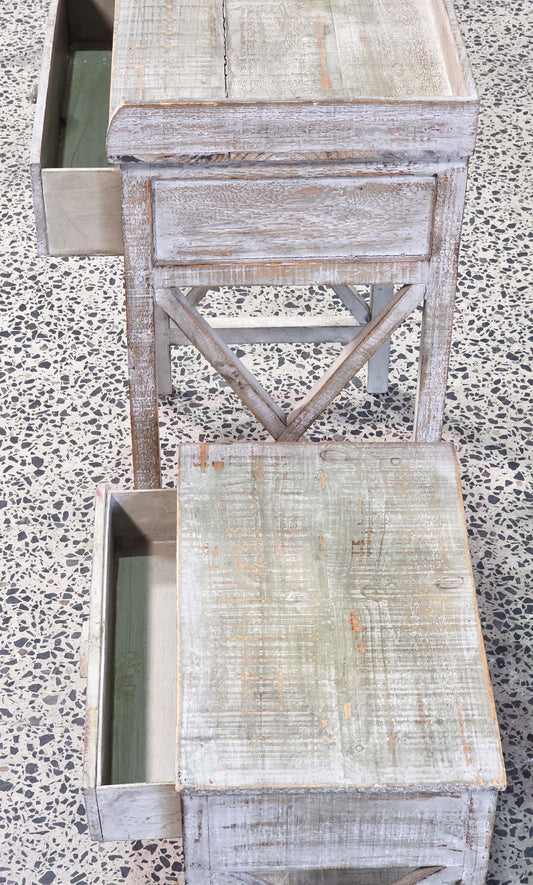 Rustic gretwash painted single drawer side table with nesting single drawer bedside (86 x 60 x 40cm)