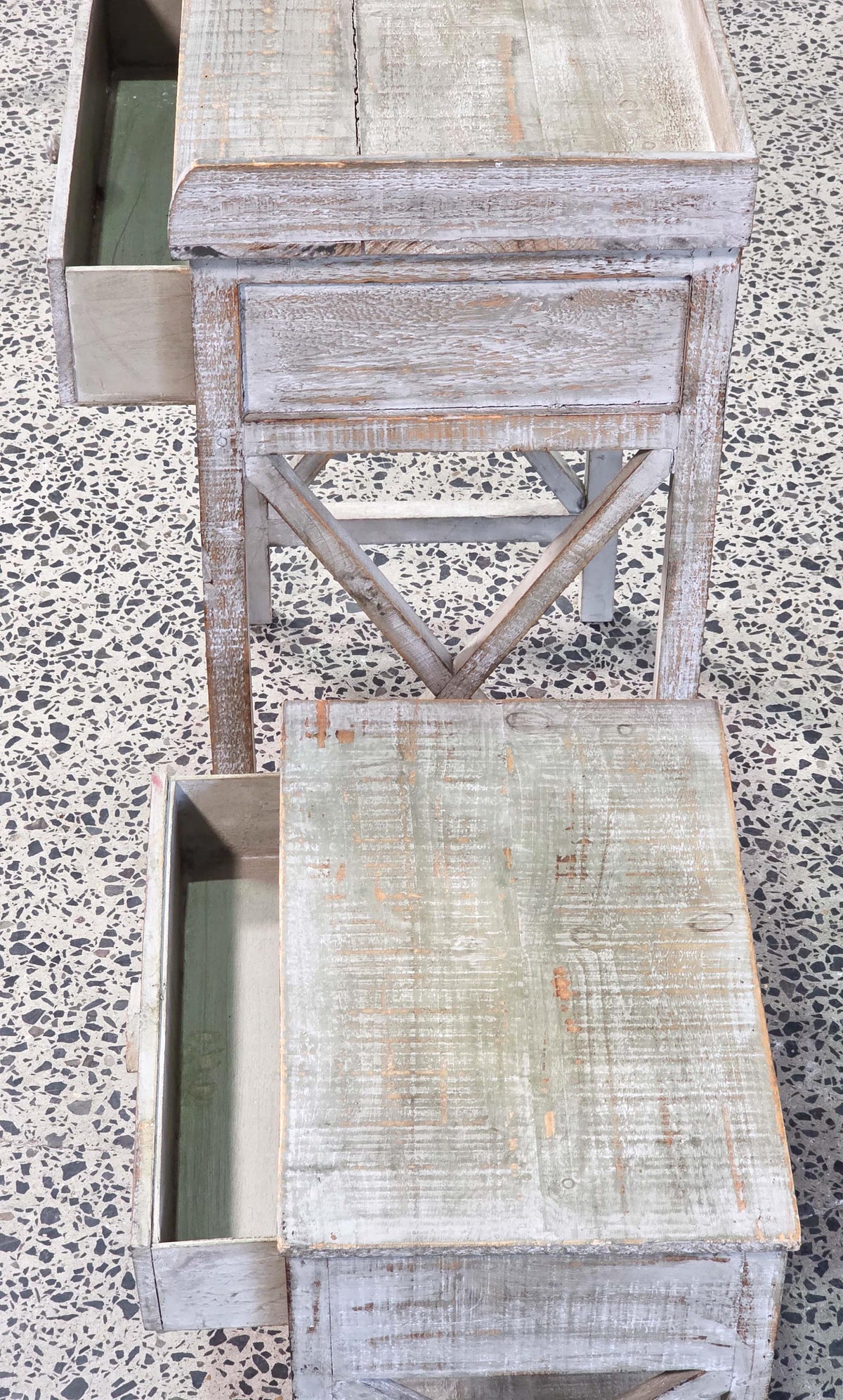 Rustic gretwash painted single drawer side table with nesting single drawer bedside (86 x 60 x 40cm)