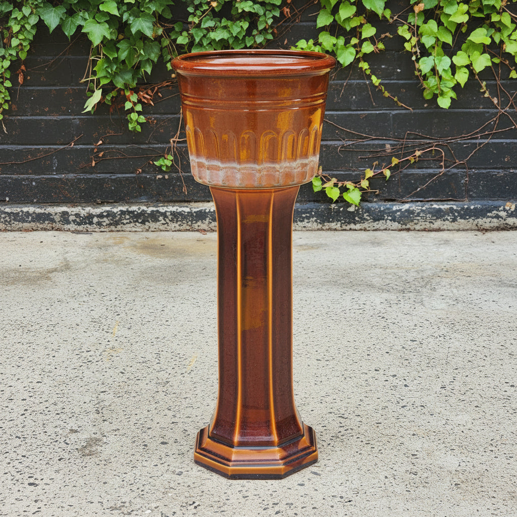 Glazed vintage ceramic jardinière on stand (80 x 35cm)