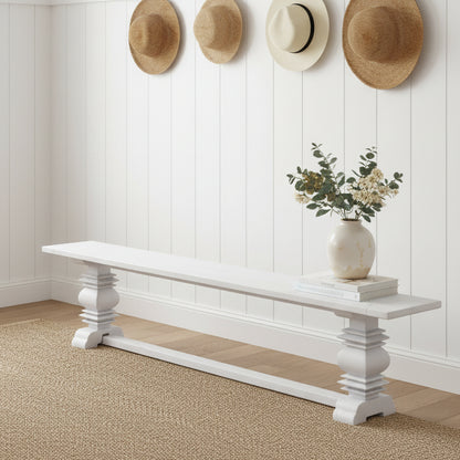 Modern painted recycled elm twin pedestal bench with stretcher base (46 x 220 x 35cm)